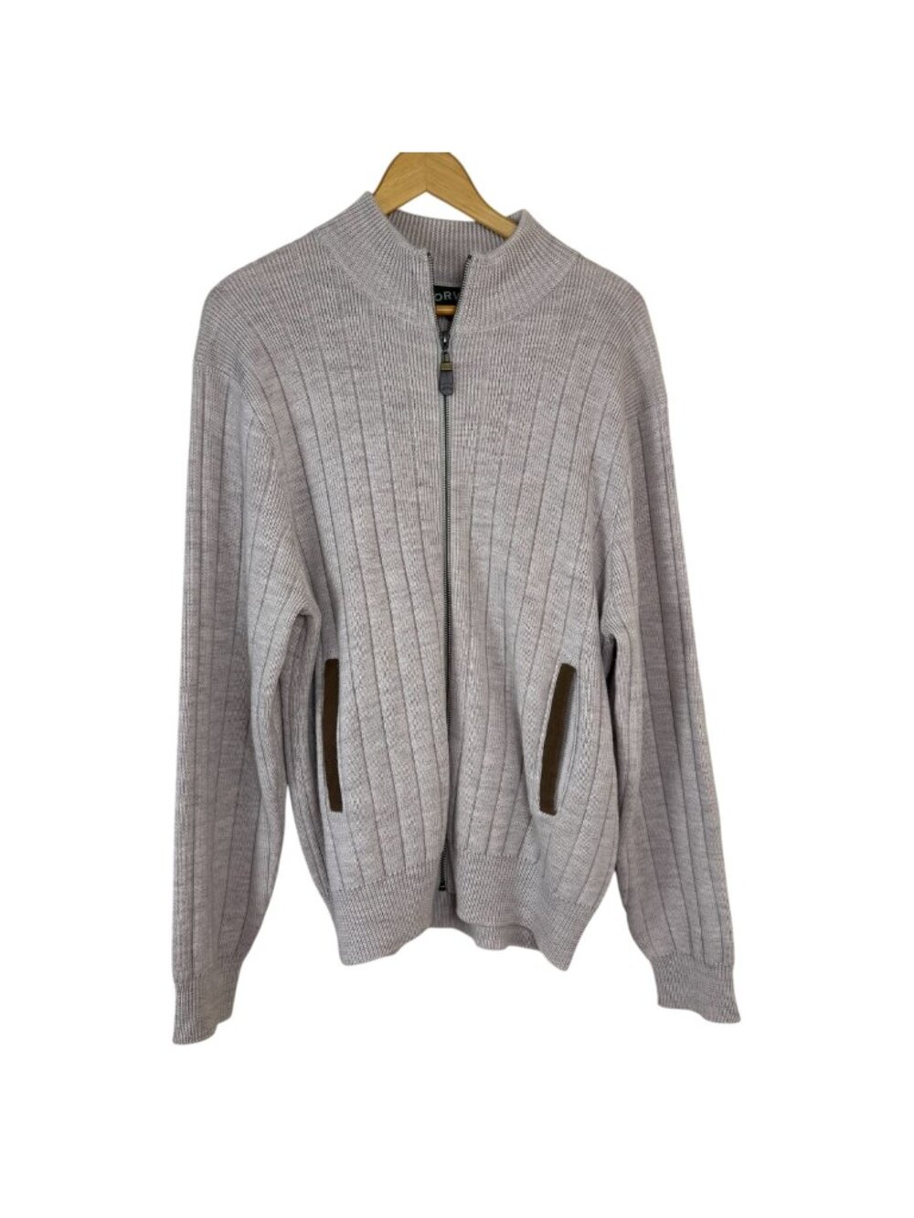 Orvis 100% Merino Wool Full Zip Beige Cardigan Men's Med Elbow Patches Academia